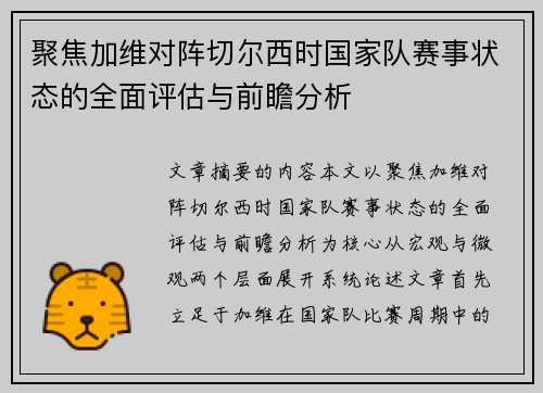 聚焦加维对阵切尔西时国家队赛事状态的全面评估与前瞻分析