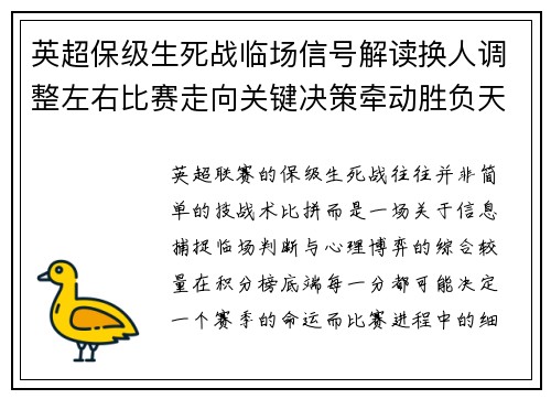 英超保级生死战临场信号解读换人调整左右比赛走向关键决策牵动胜负天平