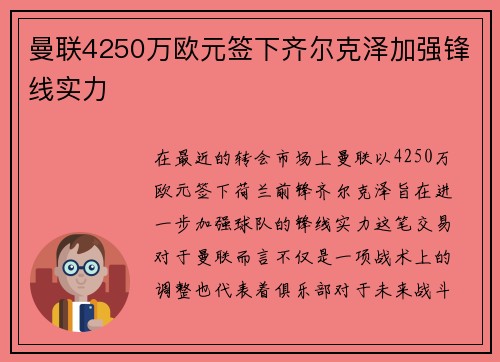 曼联4250万欧元签下齐尔克泽加强锋线实力